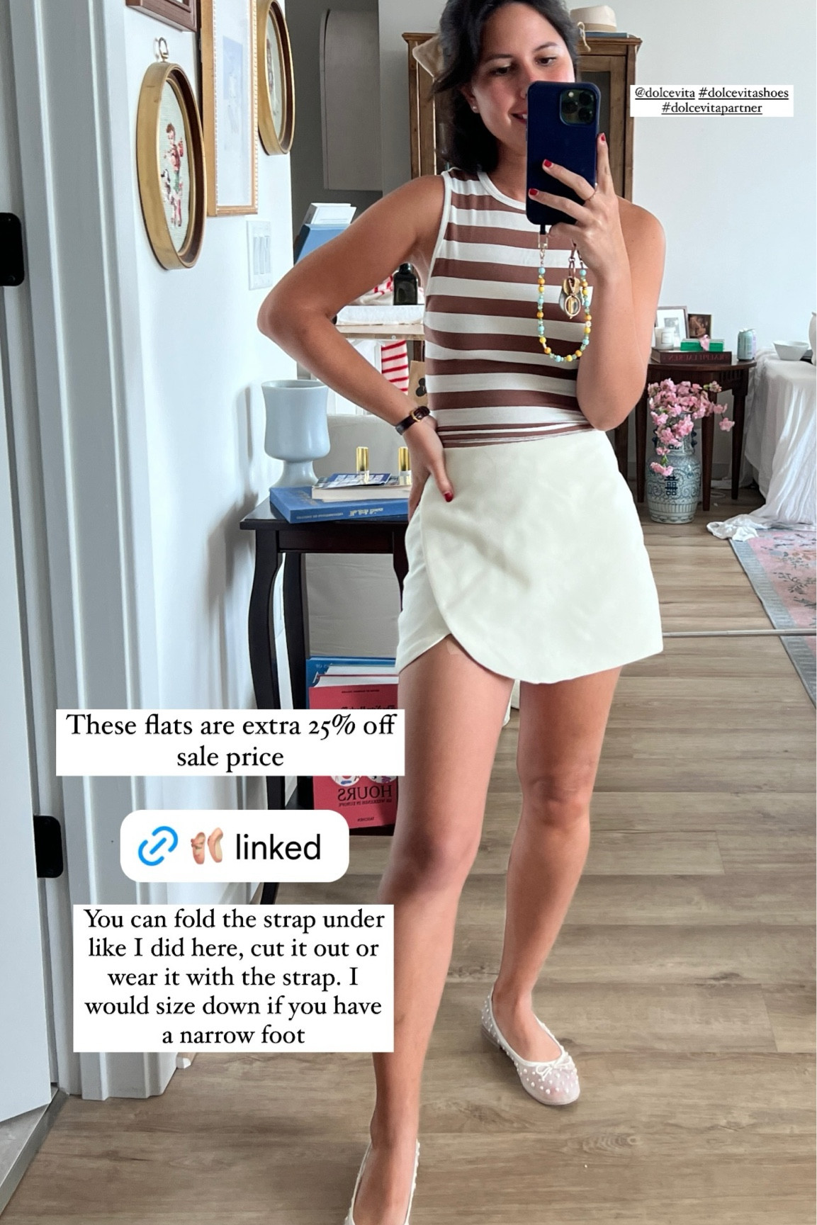 These flats are extra 25% off sale price  You can fold the strap under like I did here, cut it out or wear it with the strap. I would size down if you have a narrow foot  @dolcevita #dolcevitashoes #dolcevitapartner