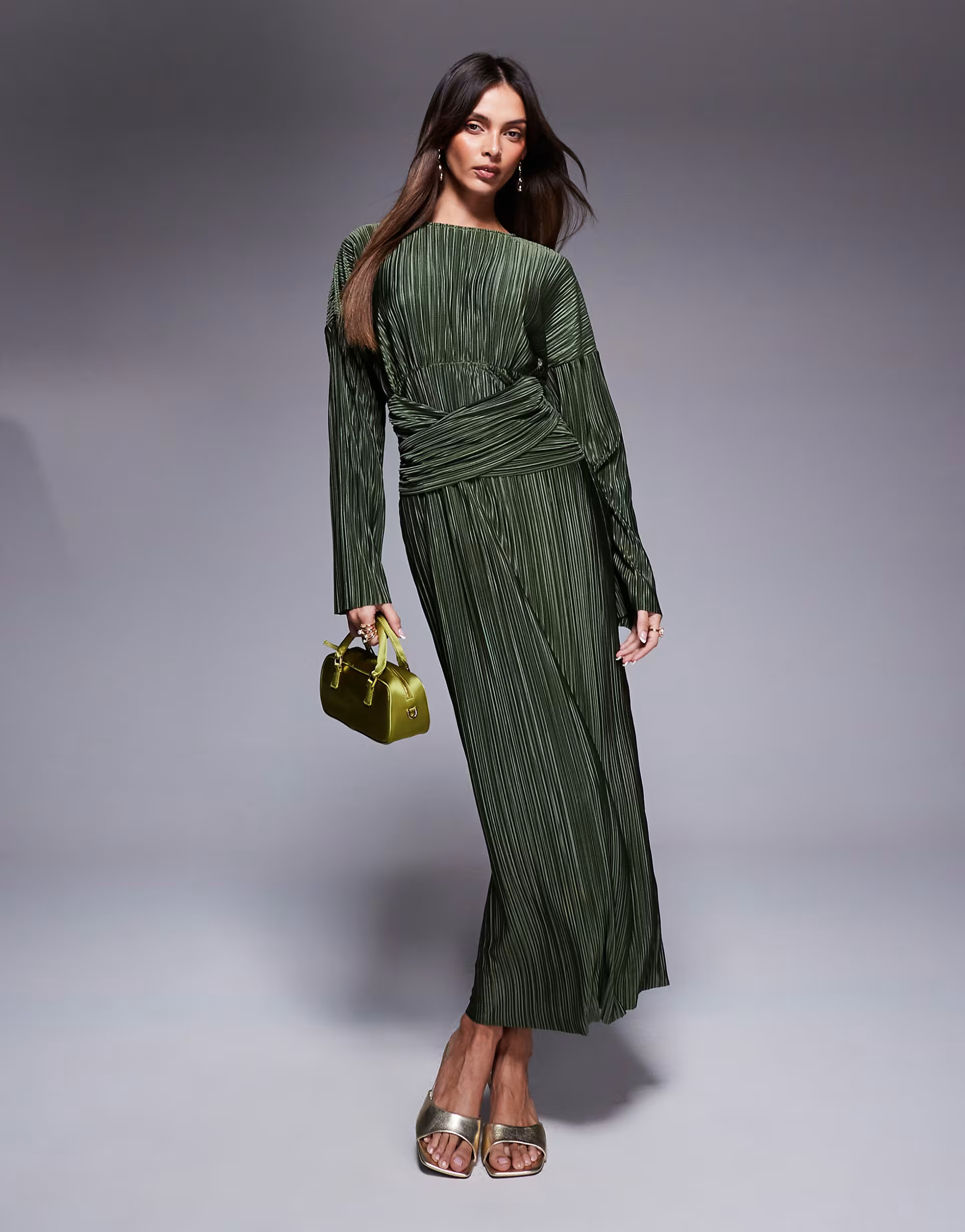 ASOS DESIGN plisse high neck long sleeve wrap waist maxi dress in khaki | ASOS | ASOS (Global)