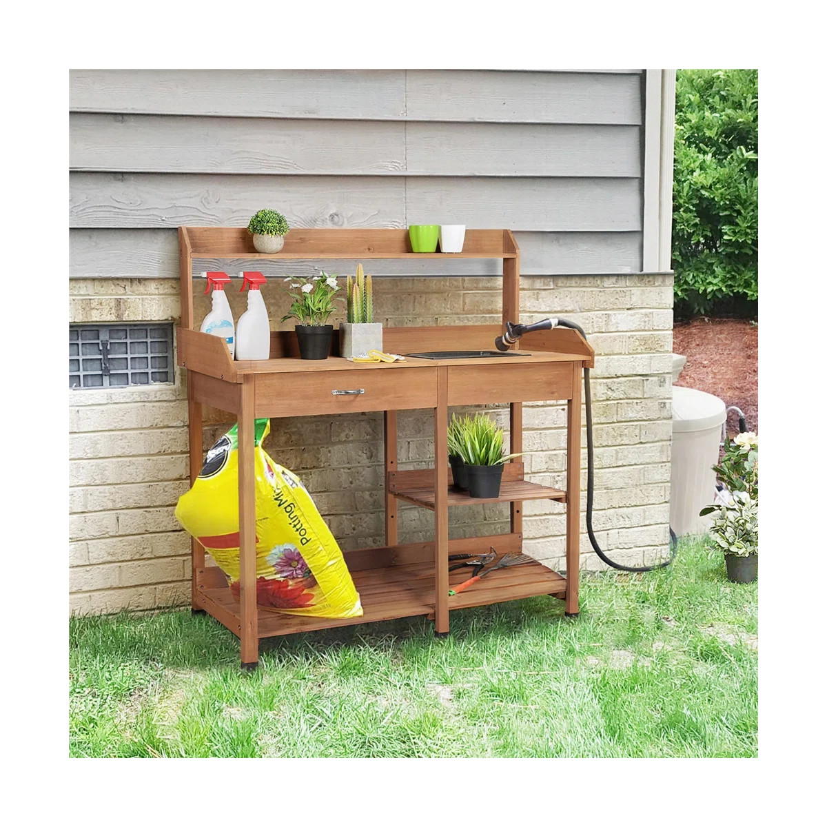 Burroughs Fir Wood Outdoor Potting Bench with Sink Drawer | Wayfair North America