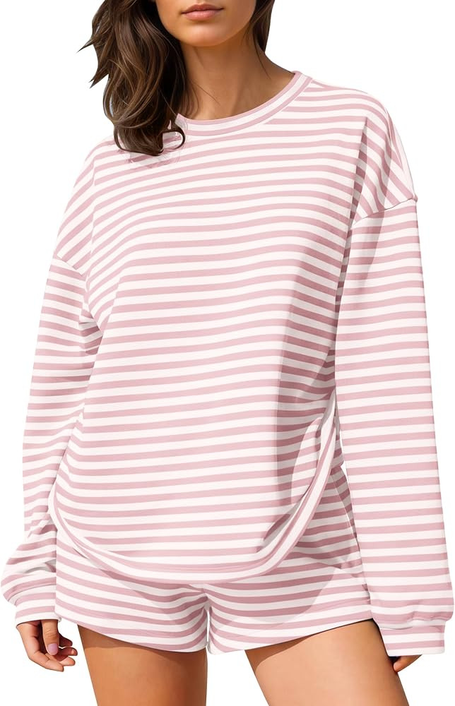 MISSACTIVER Women's Striped Lounge Set Long Sleeve Tee Shirts Drawstring Wide Leg Shorts Matching... | Amazon (US)
