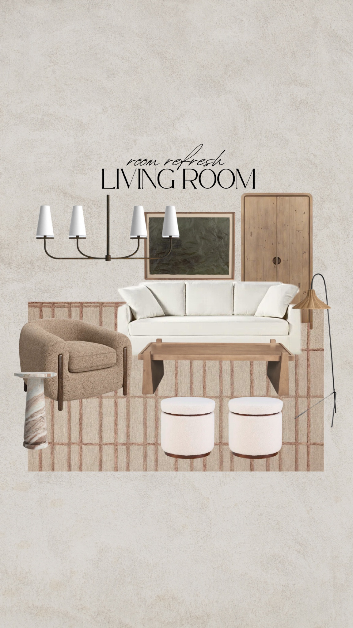 Living room refresh from Wayfair. Cloud couch dupe, white couch, white sofa, sled coffee table, wood coffee table, boucle ottoman, brown boucle chair, brown accent chair, barrel chair, marble end table, rattan floor lamp, wooden armoire, green wall art, transitional chandelier, striped rug, neutral rug, jute rug 

#LTKSaleAlert #LTKSeasonal #LTKHome