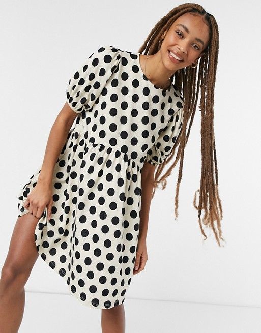 ASOS DESIGN mini short puff sleeve mini dress in cream and black dots | ASOS (Global)