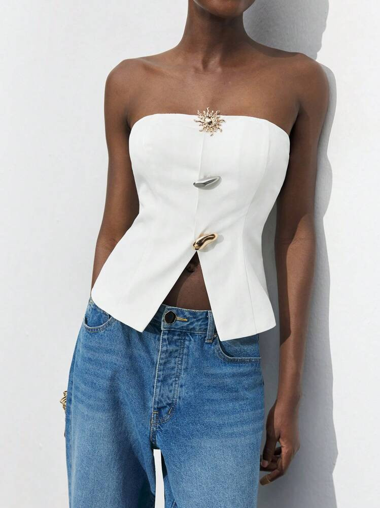 Maija Women's Spring And Summer New Style White Three-Dimensional Metal Decoration Urban Modern Daily Casual Tube Top Suitable For Going Out Festival Party Date Wear Party Wedding Music Festival Old Money 90s Women's Clothing Bohemian | SHEIN