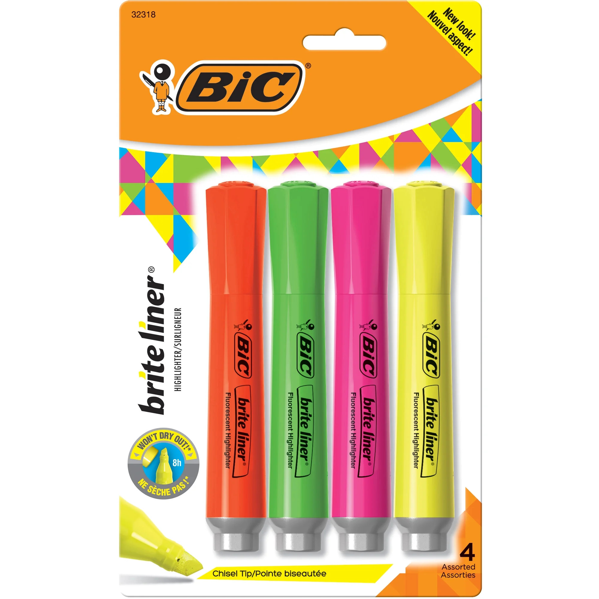BIC Brite Liner Grip XL Highlighters, Chisel Tip, Assorted Colors, Pack of 4 | Walmart (US)
