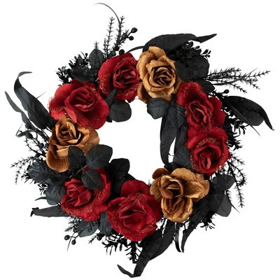 Northlight Roses with Mixed Foliage Halloween Wreath - 22" - Red and Gold - Unlit | Target