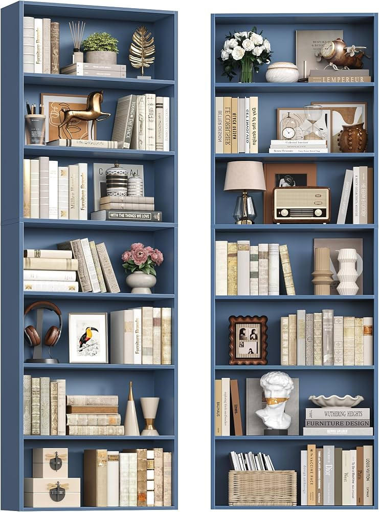 82" Tall Bookshelf Set of 2, 7-Tier Double Shelves Bookcase, Blue | Amazon (US)