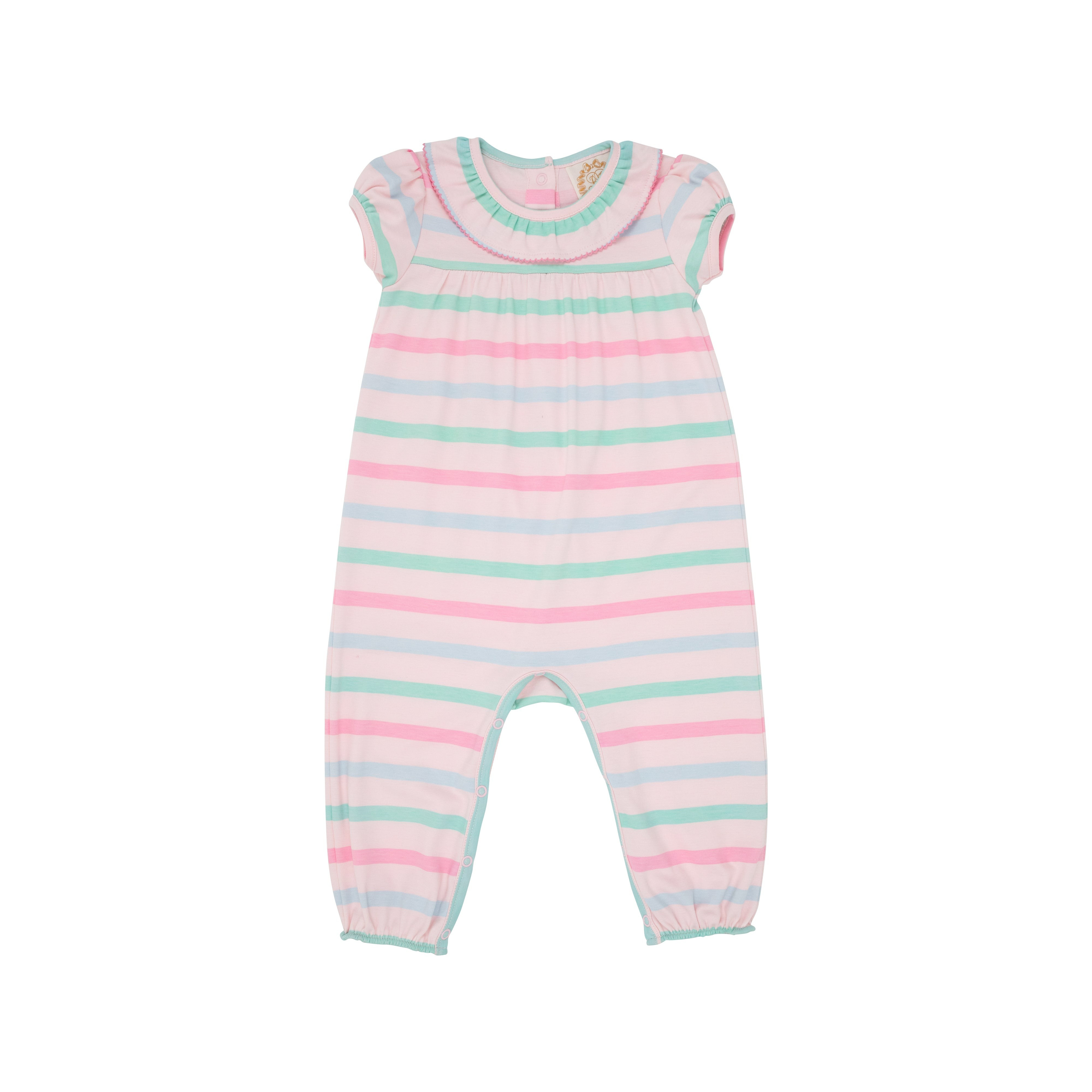 Short Sleeve Ramona Ruffle Romper - Millars Sounds Stripe with Hamptons Hot Pink Picot | The Beaufort Bonnet Company