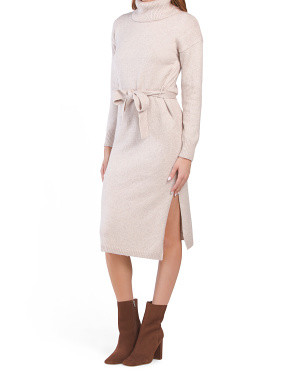 Long Sleeve Turtleneck Dress With Belt And Slit | TJ Maxx