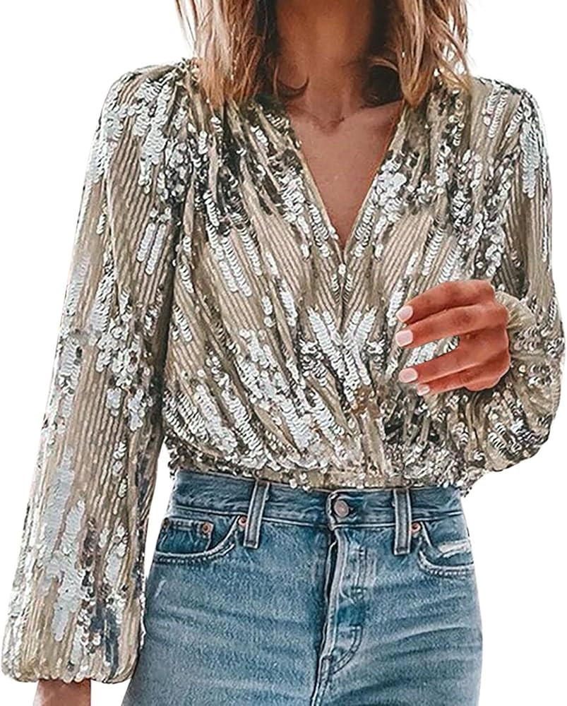 Womens Sequined Tops Sparkly Elegant Dressy Blouses New Year Eve Formal Shirts Long Sleeve Trendy... | Amazon (US)