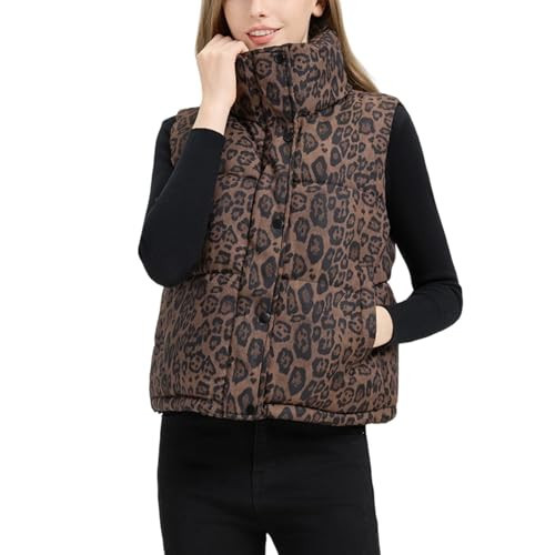 JoinQueen Womens Leopard Puffer Vest Stand Collar Sleeveless Quilted Vest Trendy Cheetah Vest Padded Jacket Coat with Pockets(Coffee,L) | Amazon (US)