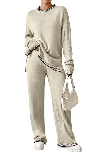 Angashion Womens 2 Piece Outfits - Sweater Sets Long Sleeve Knit Tops Wide Leg Pants Lounge Tracksuits Beige Large | Amazon (US)