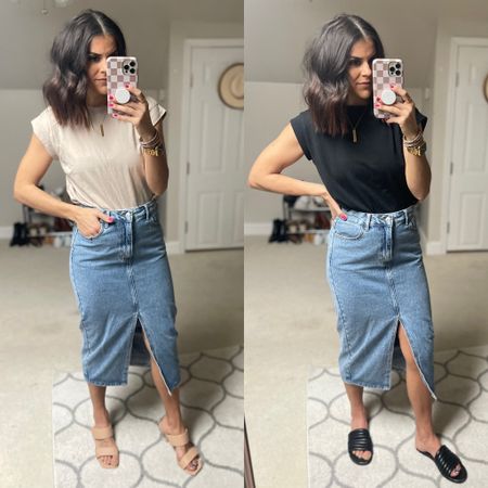 Ways to style a midi jean skirt 
Size xs in Target tee
Size small in skirt (could have done size xs)
Sandals Tts 

#LTKunder50 #LTKSeasonal #LTKstyletip