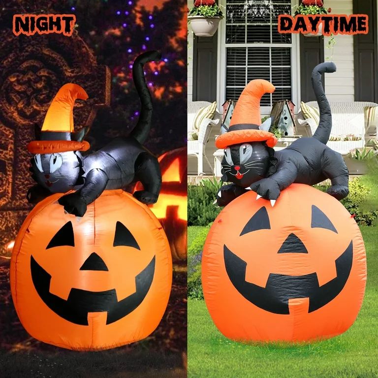 Halloween Inflatable Black Cat Playing Pumpkin Inflatable With LED Lights 5FT Holiday Blow Up Out... | Walmart (US)