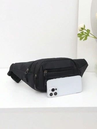 Large Fanny Pack Solid Black Zip Front Minimalist Waist Bag Sport Bag High School Students Univer... | SHEIN