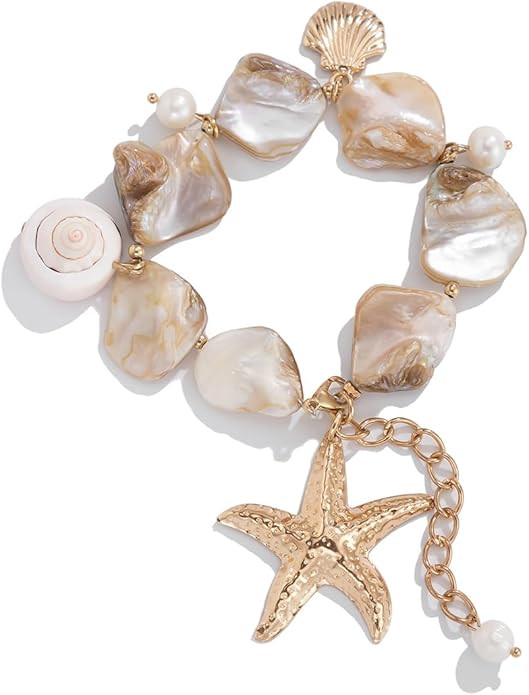 Oversized Shells and Starfish Bracelet, Pearl and Clam Bracelet Boho Bridal Jewelry, Summer Beach... | Amazon (US)