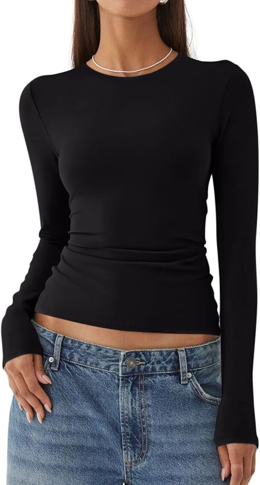 REORIA Womens Fashion Long Sleeve Shirts Crew Neck Layering Basic Tee Slim Fitted Lightweight Goi... | Amazon (US)