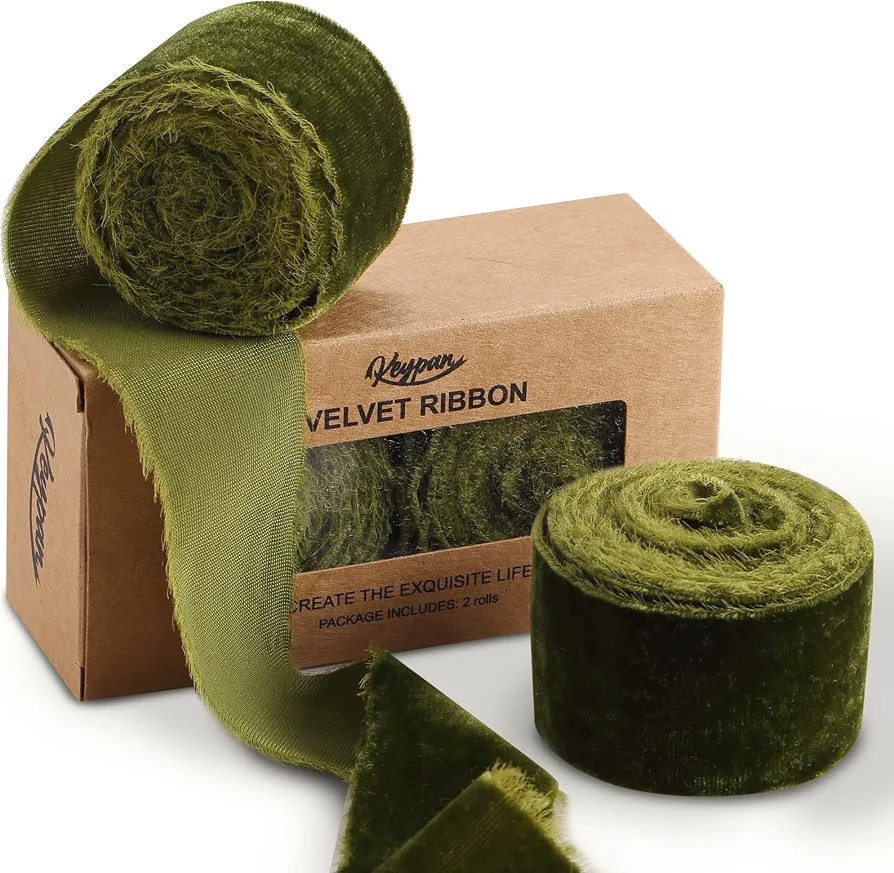 Keypan Olive Green Velvet Ribbon with Fringe, 2 Rolls 1.5 in x 2 yd | Amazon (US)