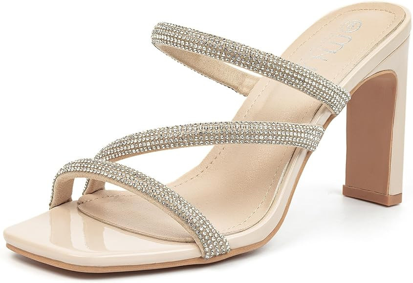 High Heels Sandals for Women Rhinestone Open Toe Slip On with Strappy Strap Dressy Sparkly Heel B... | Amazon (US)