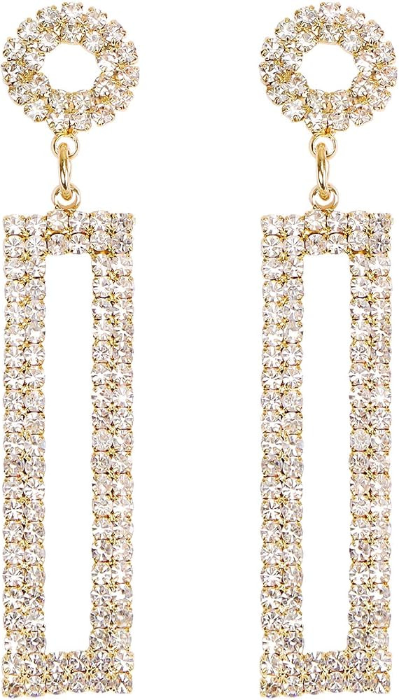Rhinestone Long Drop Earrings Statement Rectangle Dangle with Circle Studs Fashion Jewelry | Amazon (US)