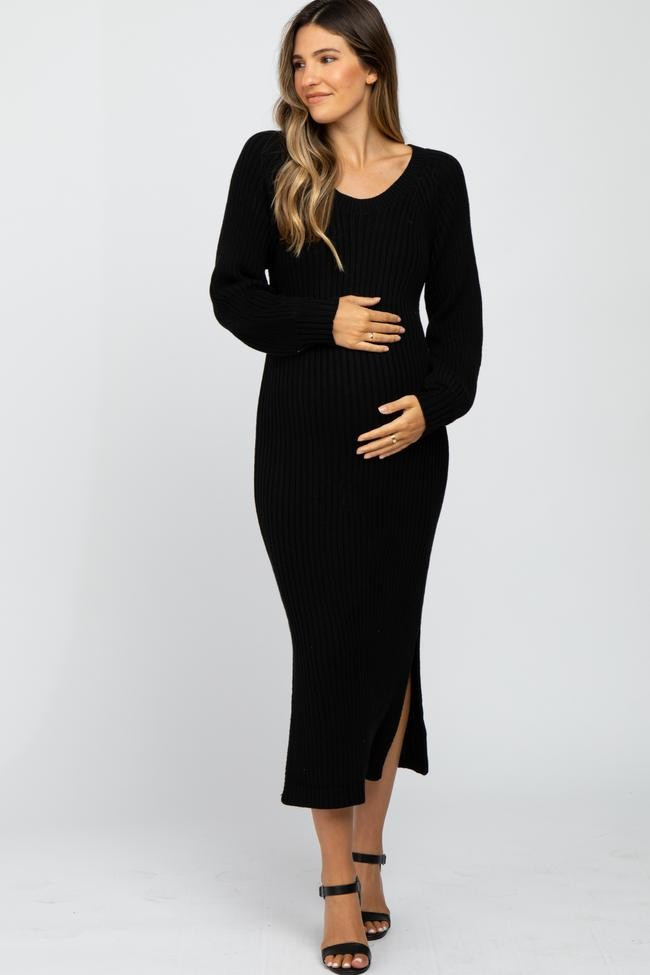 Black Side Slit Maternity Maxi Sweater Dress | PinkBlush Maternity