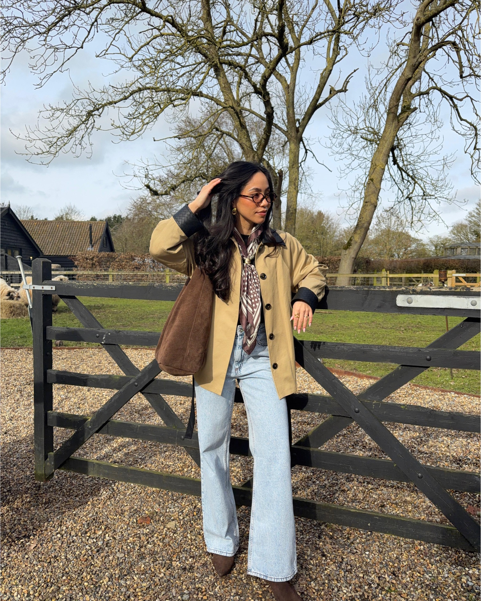 A girls’ trip to the countryside 🌳🪵☕️ wearing all River Island, trench barn jacket with light blue acid wash denim, chocolate brown suede accessories and silk scarf 

#LTKspring #LTKstyletip