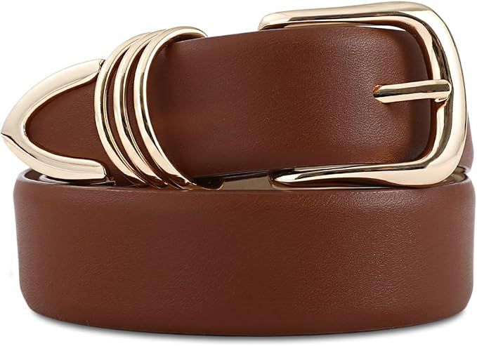 Women's Leather Belts with Gold Buckle Fashion Leather Waist Belt Elegant Ladies Belts for Jeans ... | Amazon (US)