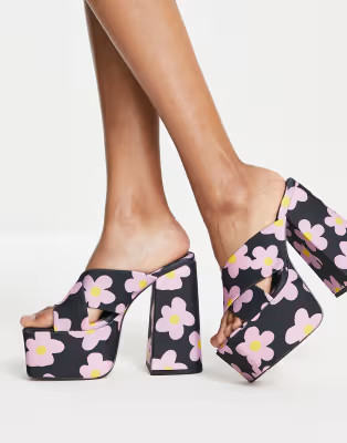 ASOS DESIGN Nana platform heeled mules in daisy print | ASOS (Global)