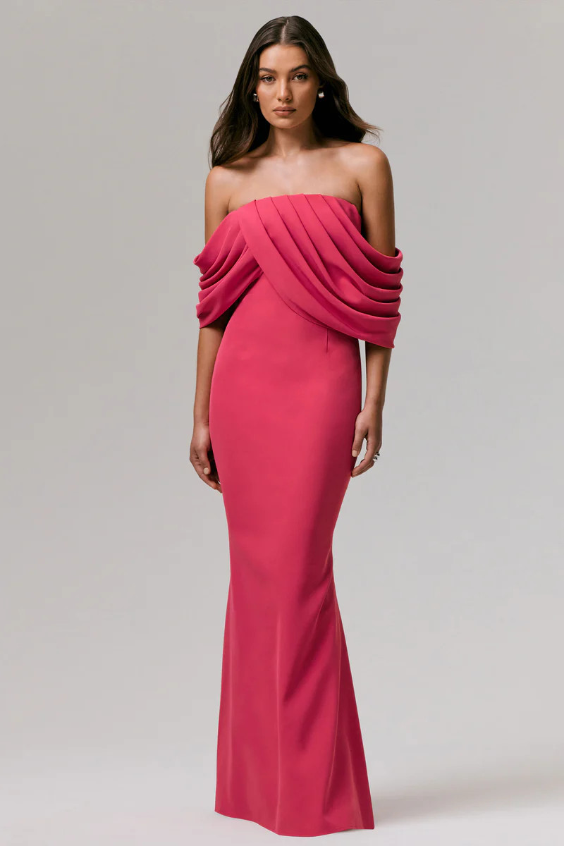 Serene  Hot Pink Draped Bardot Maxi Dress | Club L London