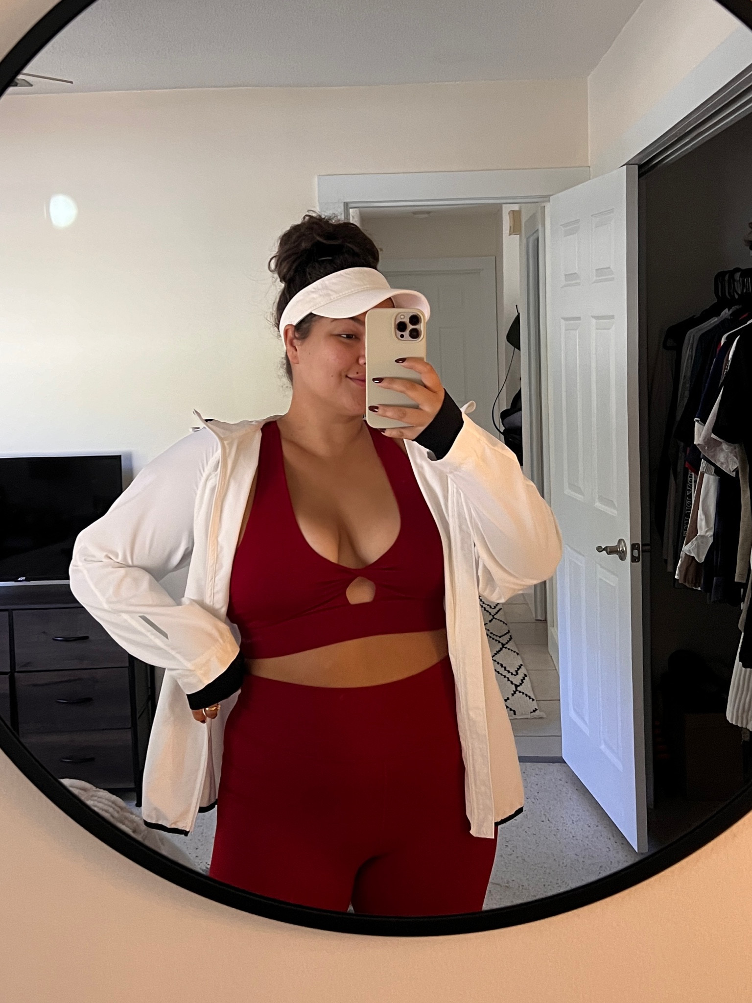 Red gym clothes set fabletics white sporty Jacket white visor workout clothes 

#LTKFitness #LTKActive #LTKMidsize