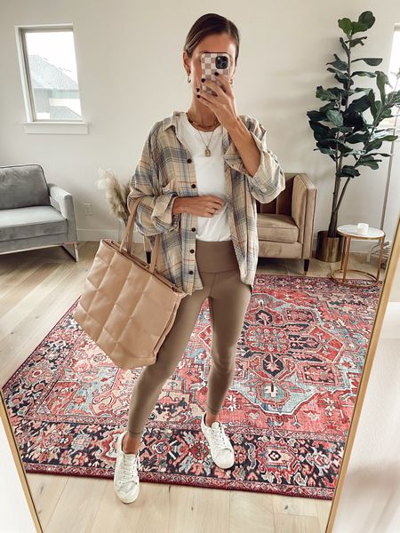Brendan plaid flannel button down shirt and Amazon leggings. Target quilted bag. Laptop bag. White sneakers. Checkerboard phone case. Initial necklace. Mama necklace 

#LTKunder100 #LTKstyletip #LTKSeasonal