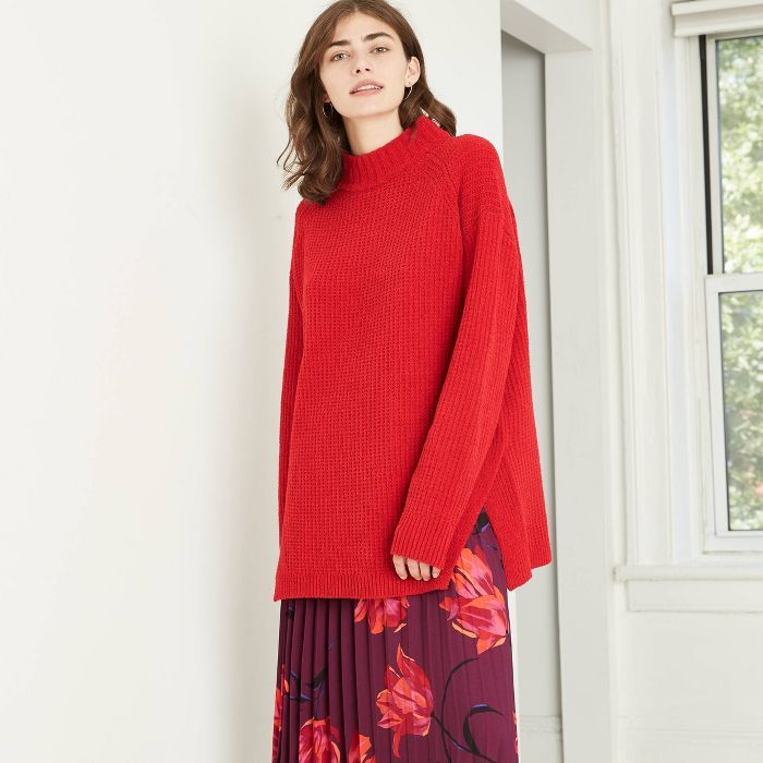 Women's Mock Turtleneck Chenille Tunic Pullover Sweater - A New Day™ Red | Target