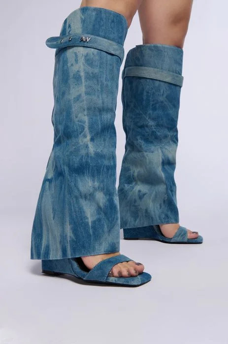AZALEA WANG MARIETTA FOLD OVER OPEN TOE SANDAL BOOT IN TIE DYE DENIM | AKIRA