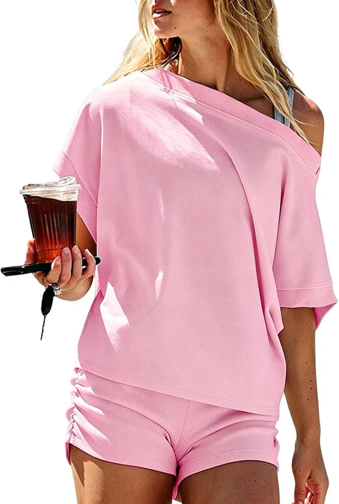 Womens 2 Piece Short Sets,Slouchy Dolman Sleeve Waffle Top Ruched Shorts for Errands, Dog Walking, Athleisure | Amazon (US)