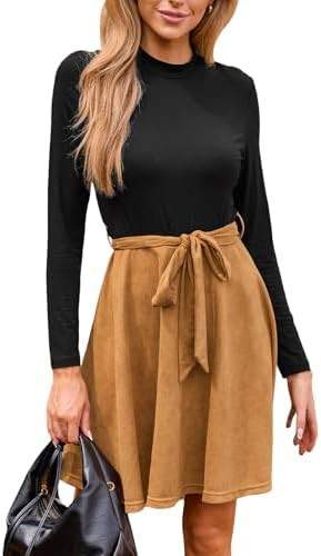 CUPSHE Women's Fall Dresses Long Sleeves Round Neck Casual Outfits A Line Work Belted Vacation Mi... | Amazon (US)