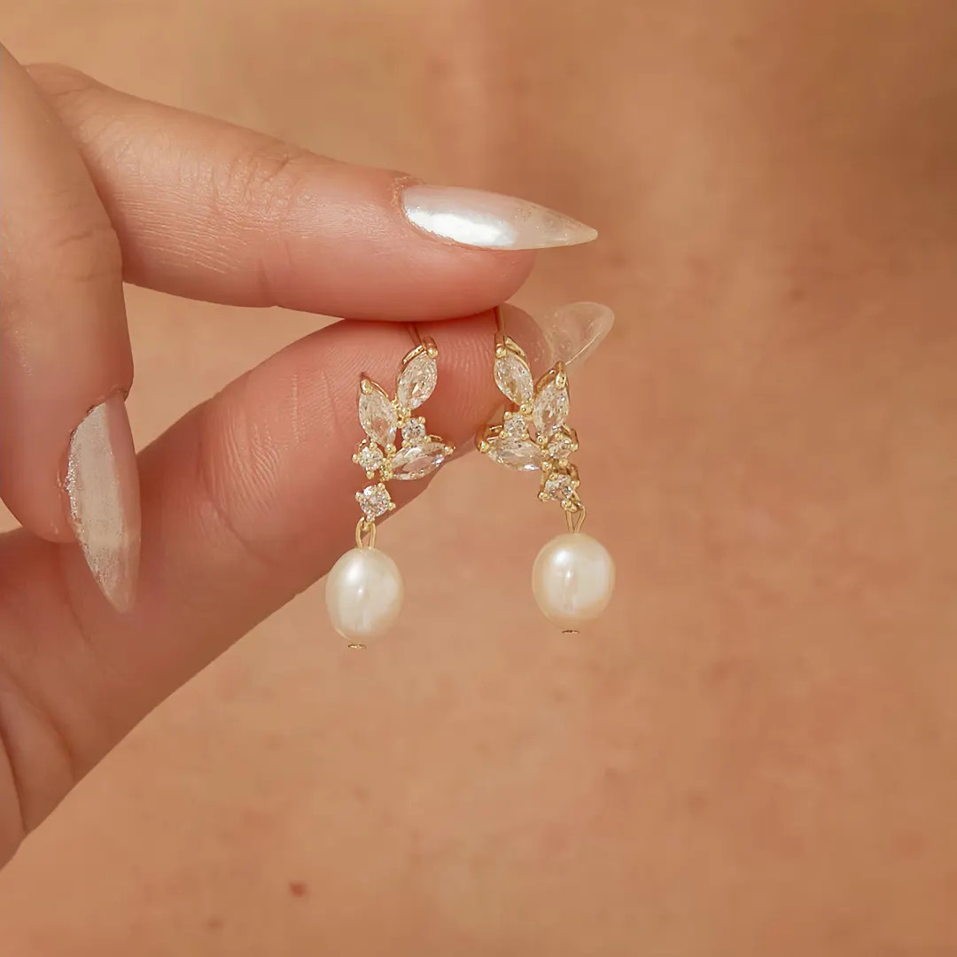 Natural Pearl Diamond Earrings,crystal Bridal Earrings,pearl Drop Earrings,silverleaf Diamond Ear... | Etsy (US)