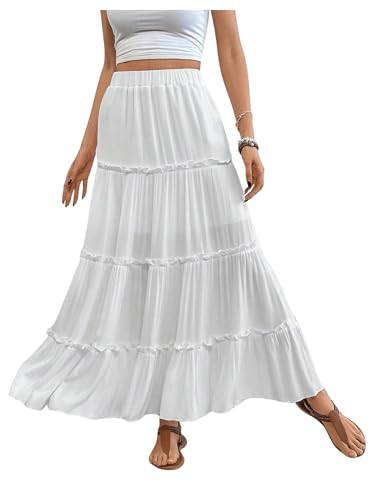 Verdusa Women's Floral Print Elastic High Waist Pleated Ruffle Flowy Long Skirts White Large | Amazon (US)