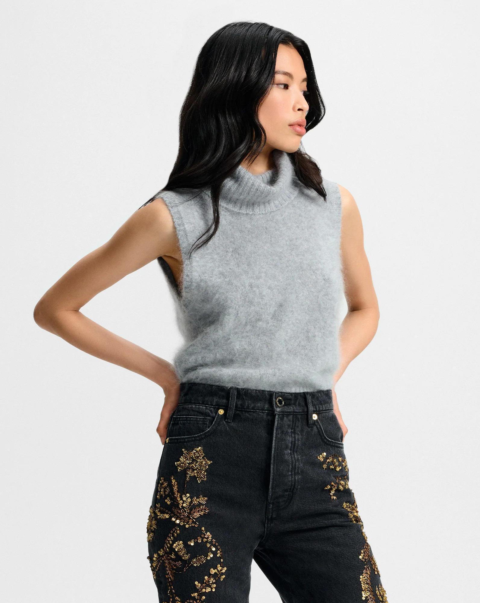 Mazzy Brushed Cashmere Sleeveless Sweater in Heather Grey | Veronica Beard | Veronica Beard
