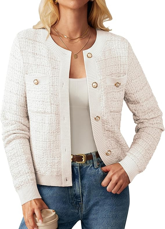 GRACE KARIN Womens Open Front Button Down Long Sleeve Texture Knit Cardigan Sweaters with Pockets | Amazon (US)