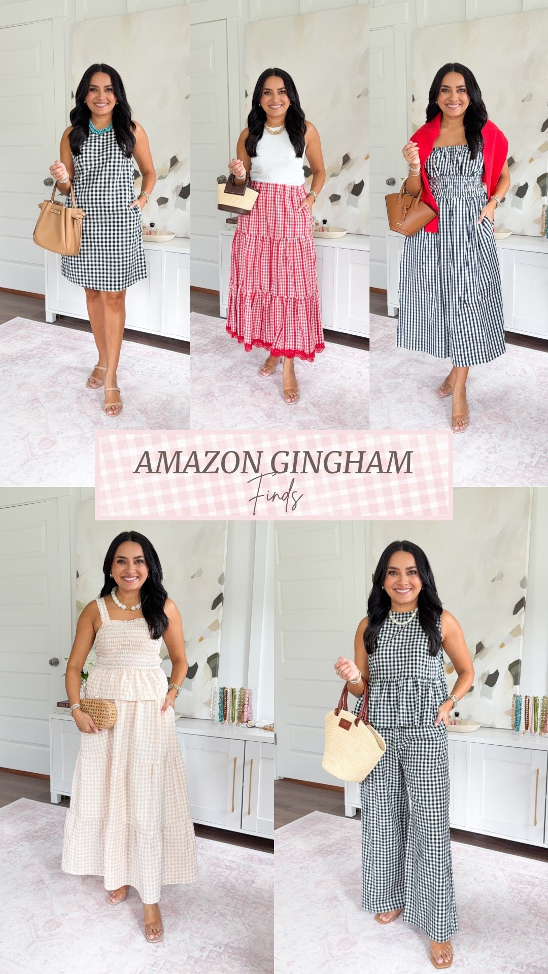 Amazon Gingham finds! ✨
For reference: I’m 5’0, petite, 32b bra size, and 2/26 in bottoms, pear shaped.
*Everything I share is unaltered! TTS means true to size. Between size 5–6.5 in shoes

Navy gingham smocked maxi dress XS TTS
Red cardigan size small TTS
Clear heels size 5 TTS

Khaki gingham matching set size small TTS
Clear heels size 5 TTS

Black gingham matching set size small TTS
Clear sandals size 5 TTS

Red gingham skirt size small TTS
White tank XS petite TTS
Clear heels size 5 TTS

Black gingham mini dress XS TTS
Tan heels size 5 TTS

Summer fashion
vacation outfit
spring outfit 
matching sets

#LTKPetite #LTKootd #LTKgrwm