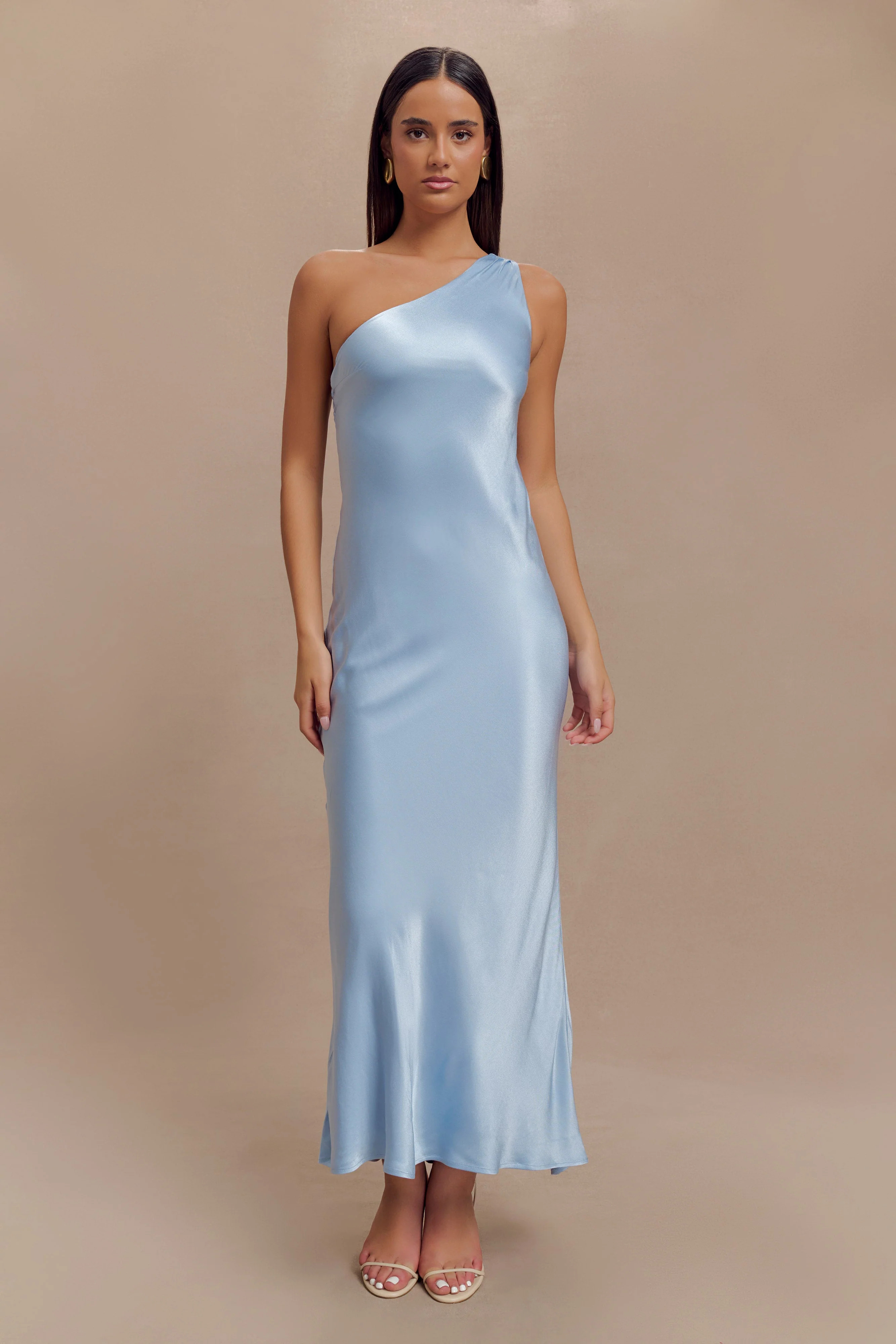 Camille One Shoulder Satin Maxi Dress - Cornflower Blue | MESHKI US