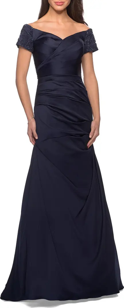 La Femme Off the Shoulder Beaded Satin Trumpet Gown | Nordstrom | Nordstrom