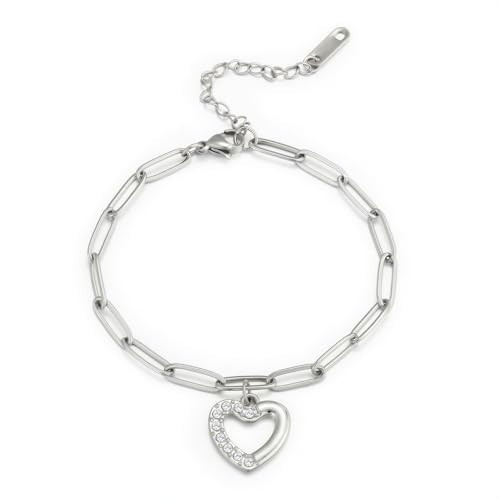 Emibele Heart Bracelet for Women, Stainless Steel Non Tarnish Silver Bracelet with Heart Charm, Adjustable Lobster Clasp Silver Hand Chain, Romantic Love Jewelry Gifts for Women on Anniversary | Amazon (US)