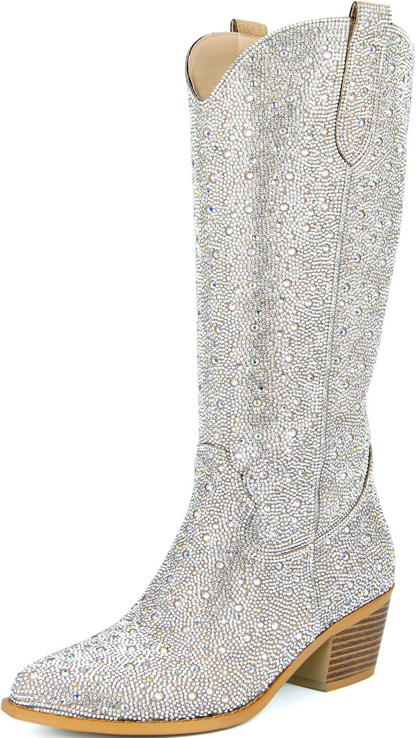 SOVANYOU Women's Rhinestone Cowboy Boots Pointed Toe Block Heel Knee High Boots with Side Zipper | Amazon (US)