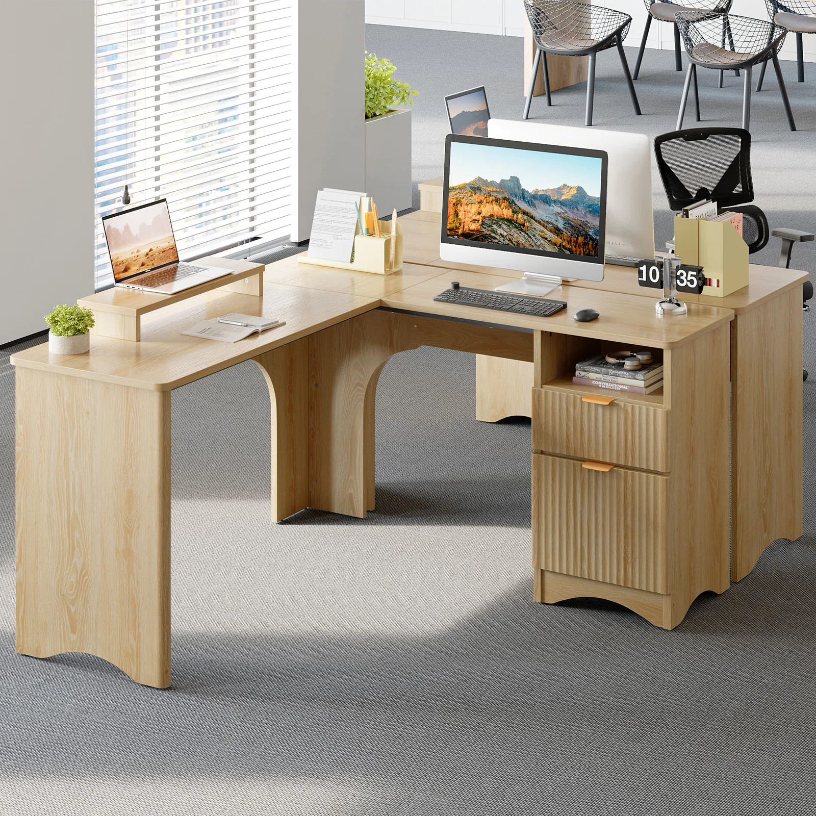 55'' L Shaped Executive Computer Desk with File&Storage Drawers,Home Office Writing Desk with Mon... | Wayfair North America