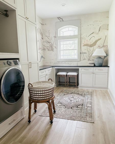 Laundry room 🥰🥰🥹🥹 rug is from Violet Vintage Rugs! Paint color is gossamer veil! 

Laundry basket counter stools lamp knobs pulls 

#LTKsalealert #LTKhome