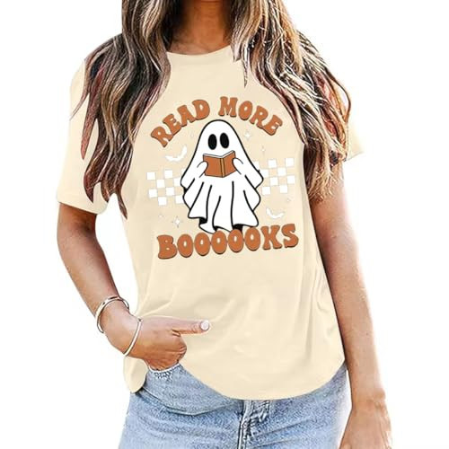 Spooky Season Shirt for Women:Read More Books T Shirt Halloween Teacher Tops Cute Boo Short Sleeve Shirt Beige | Amazon (US)