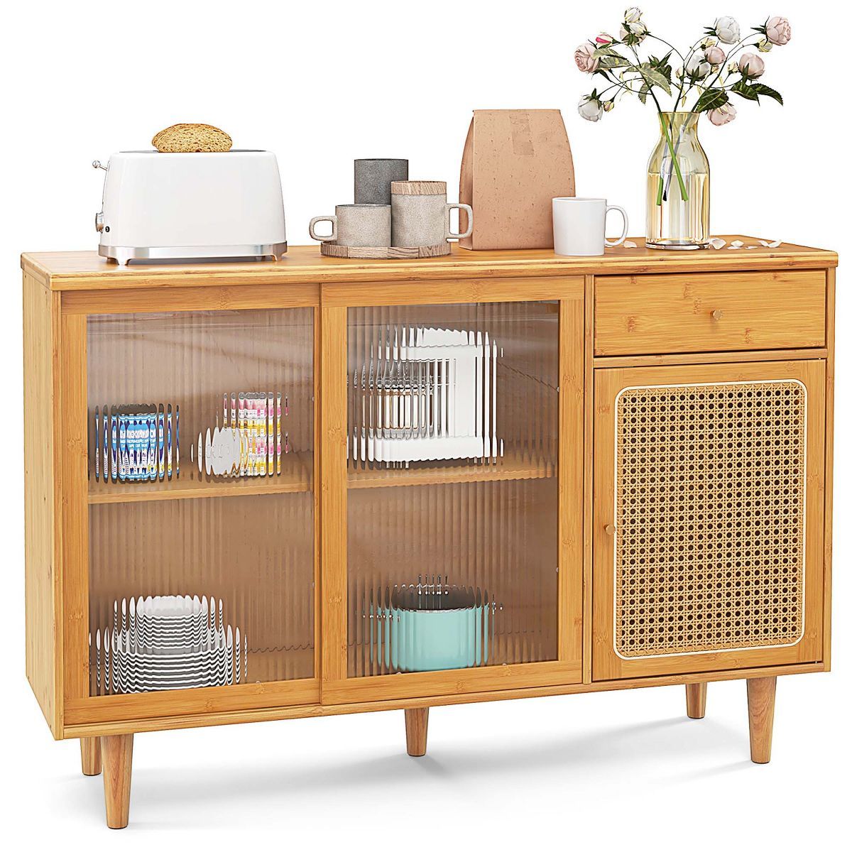 Costway Buffet Sideboard Cabinet Rattan Console Table with Sliding Doors Storage Drawer | Target
