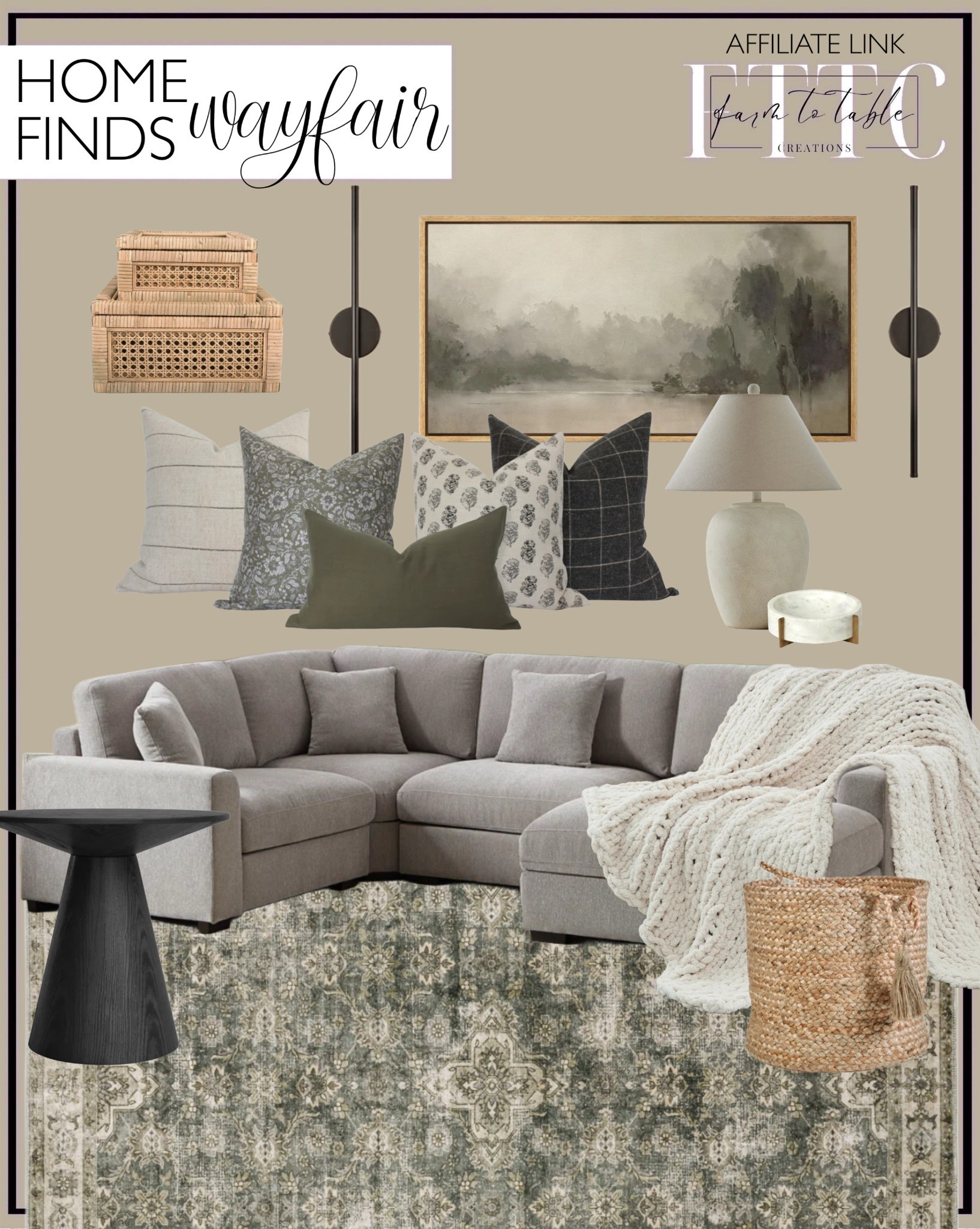 Wayfair Home Finds. Follow @farmtotablecreations on Instagram for more inspiration.

Pillow Combo. Eugenija 5 - Piece Upholstered Sectional. Houtz Machine Washable Non-Slip Green/Gray/Beige Area Rug Mat. Aarya Hand-Braided Solid Color Relaxed Natural Jute Basket. Chunky Knit Blanket. Semi Flush Mounted Sconce. Rustic Countryside "Misty Forest Abstract Landscape Calm Extra Large Framed Artwork Wall Pictures. Rattan Storage Boxes. Mandilyn Ceramic Table Lamp. Adara End Table. Marble Bowl. 

Wayfair Living Room Sale | Fireplace Decor | Spring Refresh |  Bedroom Finds | Neutral Stems | Spring Stems | Bookshelf Decor | Bedroom Space | Cozy Corner | Bathroom | Curated Entryway | Spring  Decor | End of Year Clearance | Trending Decor | Viral Decor | Amazon Holiday | Bedroom corner | Coffee Table Decor | Neutral Decor | Fall Stem Sale | Target Finds | Skinny Bench | Bedroom | Living Room | Breakfast Nook | Amazon Home | Target Sale | Loloi Rugs | Magnolia Home | console table | console table styling | faux stems | entryway space | front porch decor | neutral decor | entryway decor | cozy home | affordable decor |  home decor | home inspiration | console styling | entryway rug | cozy moody home | moody home decor | neutral home | bathroom decor | living room | spring decor | Hearth & Hand | Studio McGee

#LTKFindsUnder50 #LTKHome #LTKSaleAlert