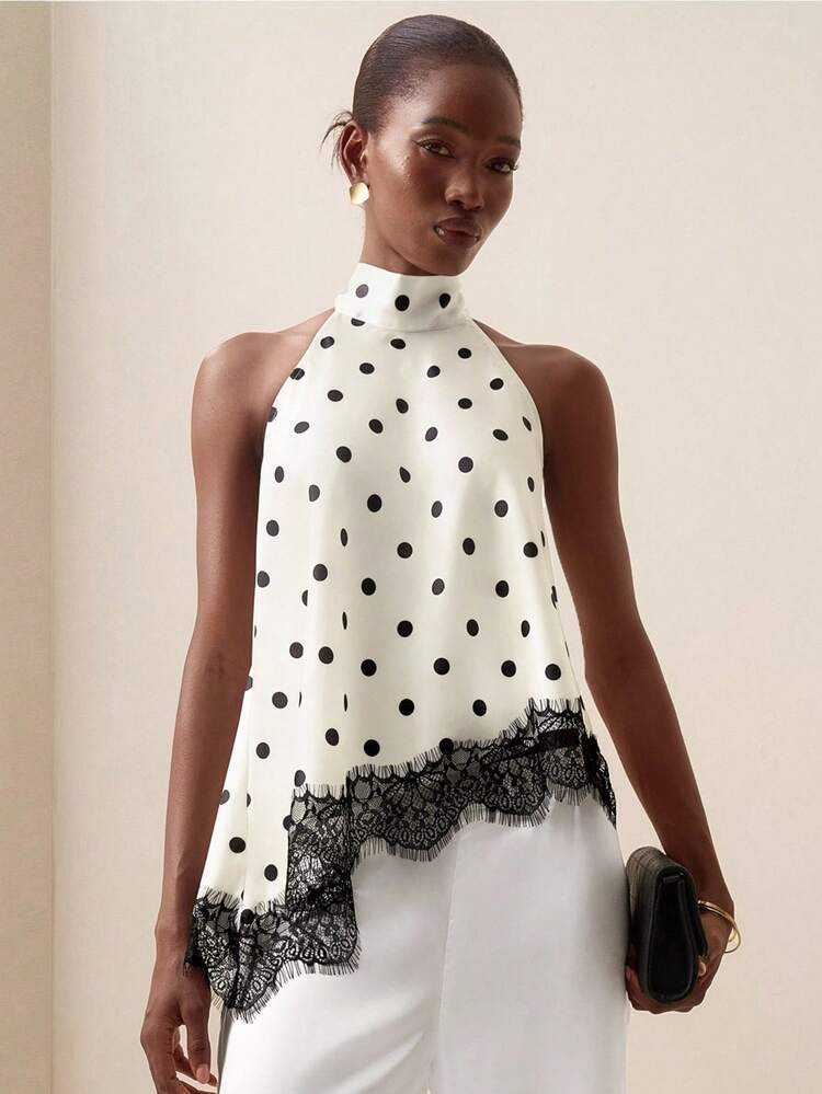 Briarwyn Women's Lace Patchwork Polka Dot Casual Versatile Daily Wear Top | SHEIN