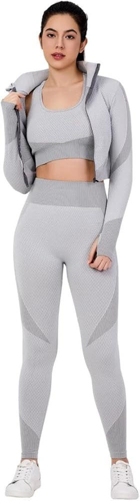 Women's 3-Piece Seamless Workout Set \u2013 High-Waist Leggings, Sports Bra & Crop Top \u2013 Yog... | Amazon (US)